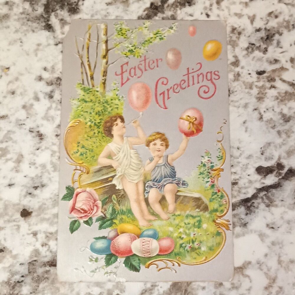 Vintage 1912 Easter Greetings Children Embossed German Litho Postcard Posted